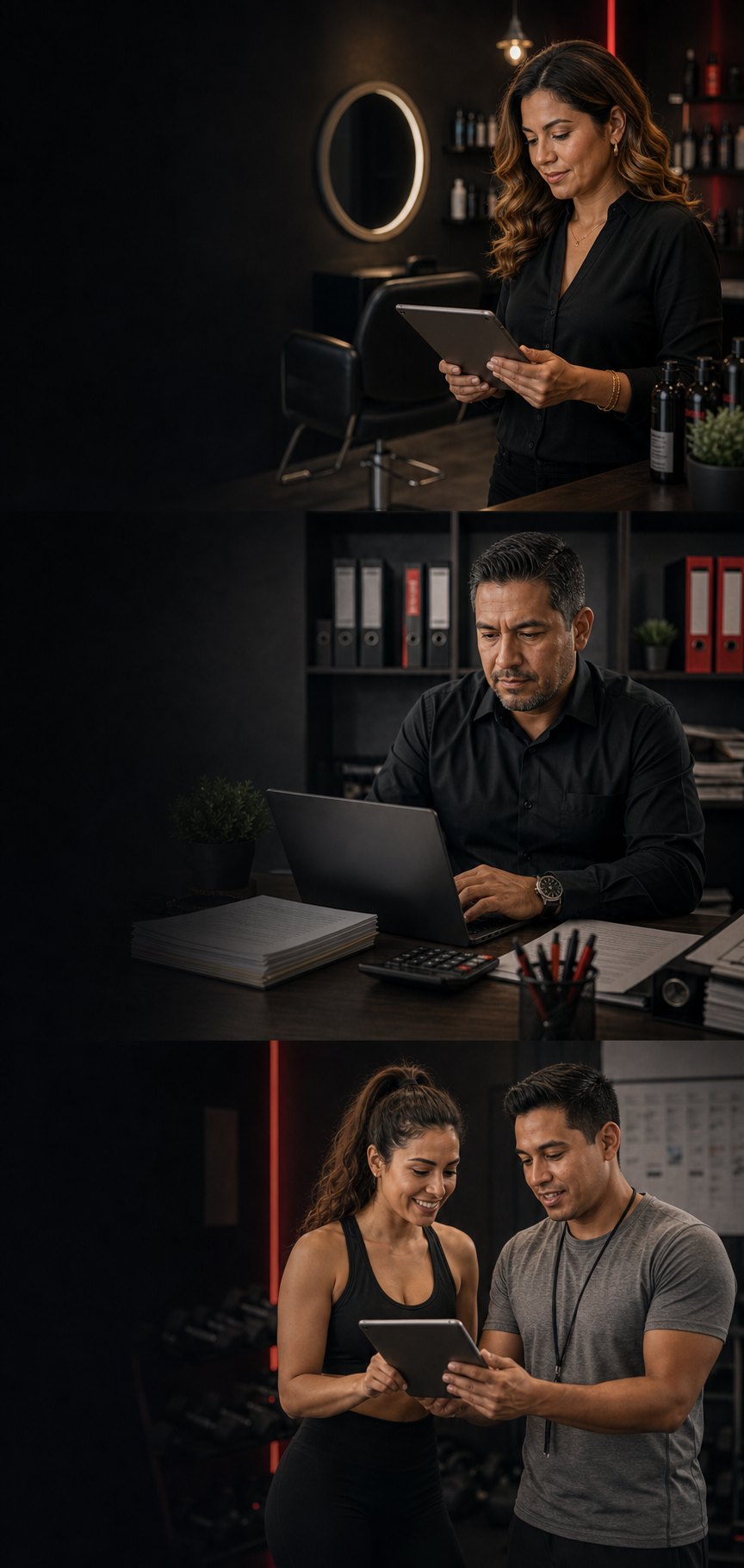 Personas de negocios usando aplicaciones para citas, cobranza y seguimiento de clientes